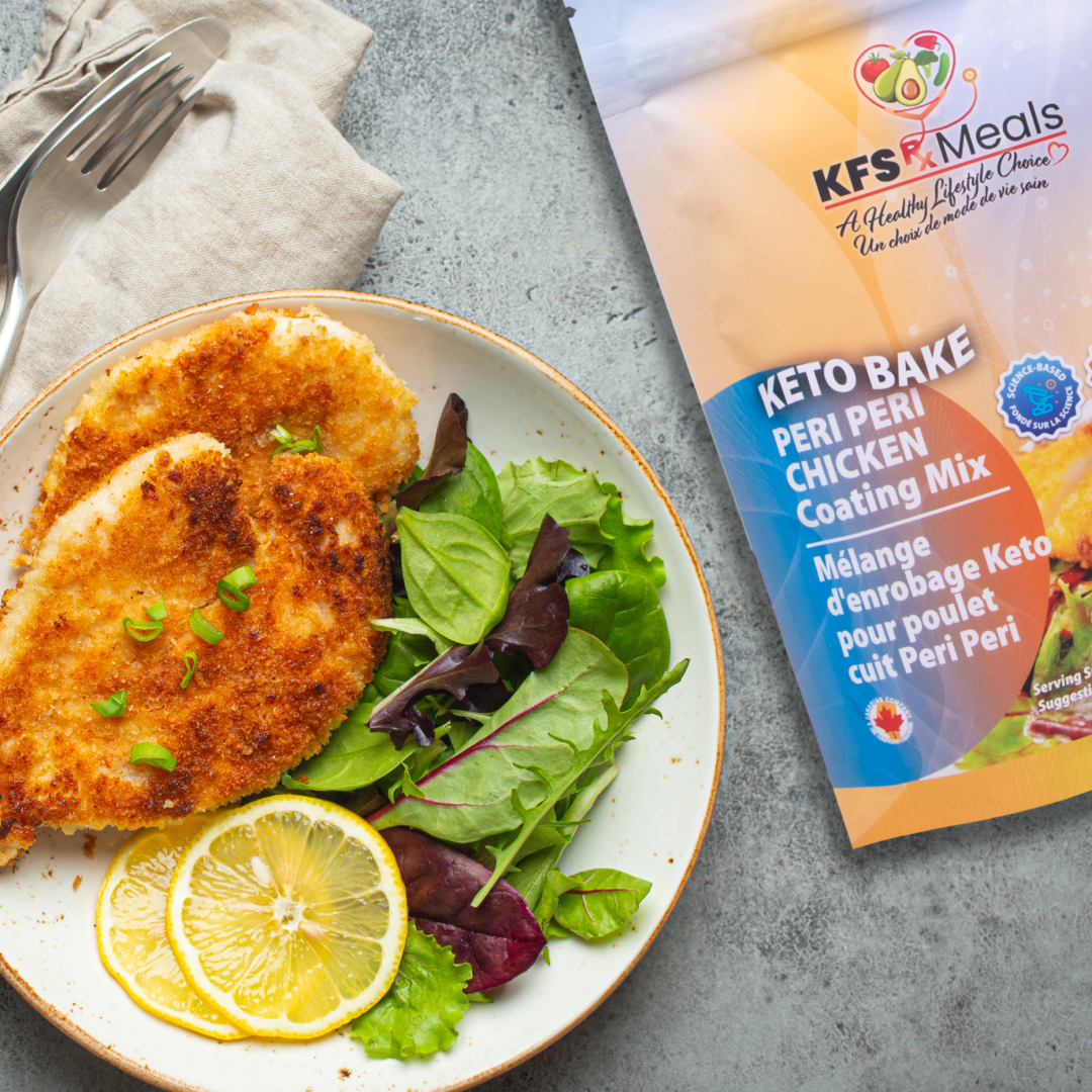 KFS Rx Meals - Keto Bake Peri Peri Chicken Coating Mix package beside freshly made Peri Peri chicken on a light salad.