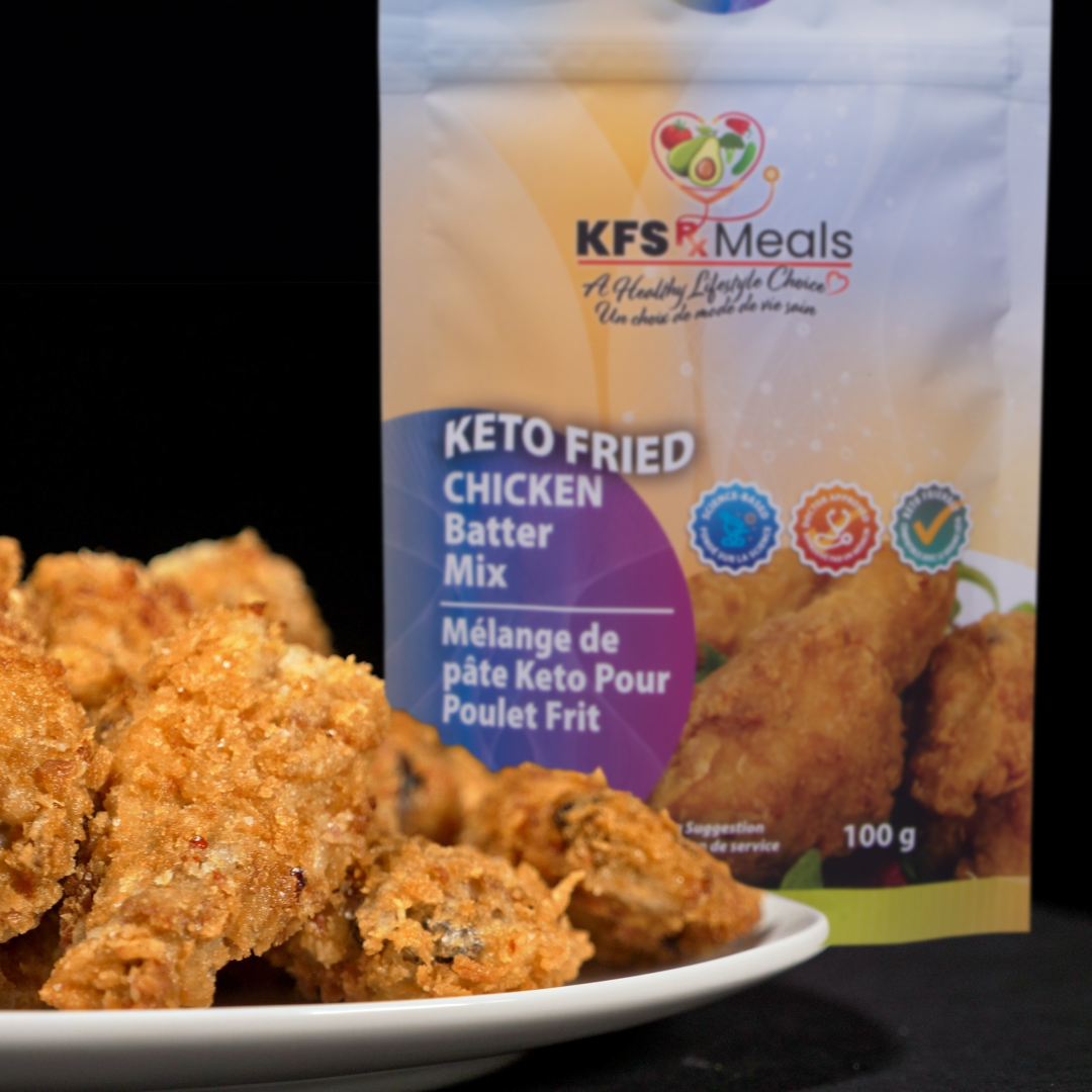 KFS Rx Meals Keto Fried Chicken Batter Mix beside a plate of freshly prepared fried chicken.