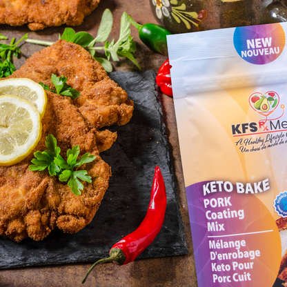 KFS Rx Meals - Keto Bake Pork Coating Mix package beside freshly prepared baked pork and hot peppers. 