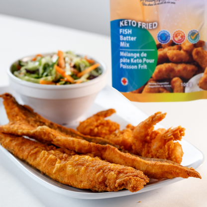 KFS Rx Meals - Keto Fried Fish Batter Mix package beside freshly prepared fried fish.